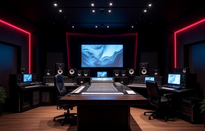 Overview of Estúdio Áudio Total's main control room with mixing console