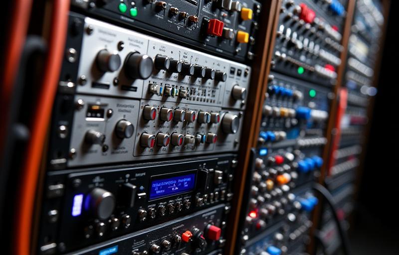 Racks of outboard audio gear including API, Neve, Universal Audio at Estúdio Áudio Total