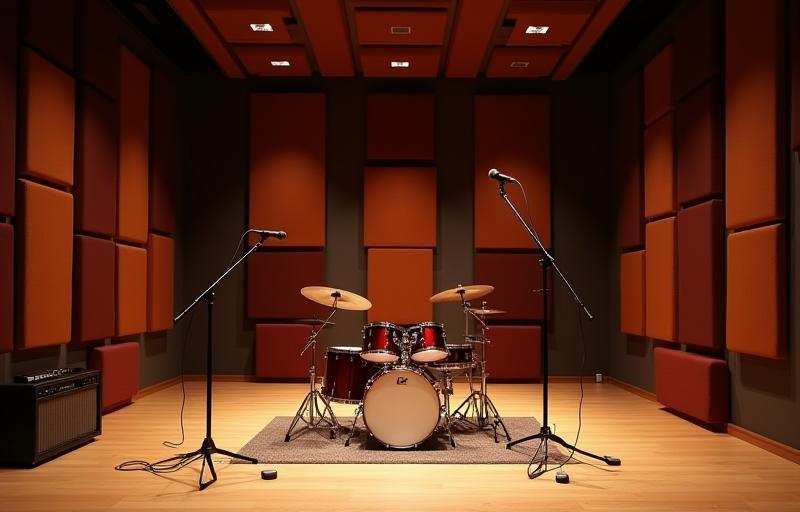 Spacious live recording room at Estúdio Áudio Total with drum kit and microphones